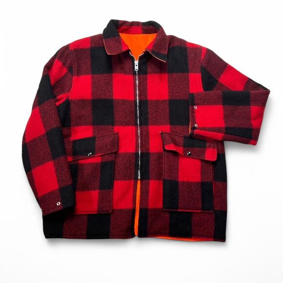 Woolrich 70s Wool Buffalo Plaid Mackinaw Reversible Orange Blaze Hunting Jacket